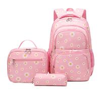 goldwheat Daisy Printed Backpacks With Lunch Pack Pencil Case 3pcs, Lightweight Water Resistant Bookbag For Middle School, Pink, Daisy print, Modern