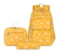 goldwheat Daisy Printed Backpacks With Lunch Pack Pencil Case 3pcs, Lightweight Water Resistant Bookbag For Middle School, Lemon, One size