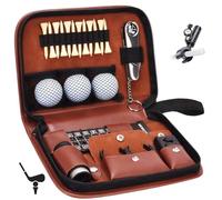 Golf Accessories Kit Bag for Men and Women， Stuff Set with Leather Case, Golf Balls, Rangefinder， Tees, Brush, Multifunctional Divot Knife, Scorer, Golf Ball Clamp brown