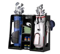 Golf Bag Organizer Storage Rack Stand Holder Fits 2 Extra Large Golf Club Bags and Multiple Golfing Equipment Accessories Great Gifts for Any Skill Level Golfer in Garage Shed Basement Indoor Outdoor