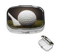 Golf Ball Pill Box 2 Compartment Square Portable Pill Case for Pocket or Purse Small Weekly Medicine Planner Travel Pillbox with Mirror Decorative Metal Vitamin Holder Gifts
