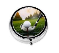 Golf Ball Round Pill Box - Full Print Design, Metal Electroplated Compact Medicine Case for Travel, Fits Pockets & Wallets