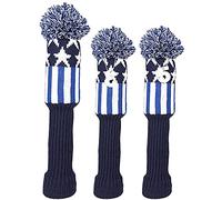 Golf Builder 3pcs/Set USA Stars and Stripes Knitted Golf Head Covers Sock Covers Pom Pom Covers for Driver Fairway Wood (Blue)