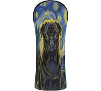 Golf Club Cover Set Premium Leather Accessories with Interchangeable No. Tags for Fairway Wood Hybrid Black Pug in Starry Night Painting Dog Mom Dad