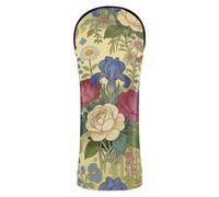 Golf Club Cover Set Premium Leather Accessories with Number Tag for Driver, Woods and Hybrid Victorian Rose & Iris Floralon Yellow Background