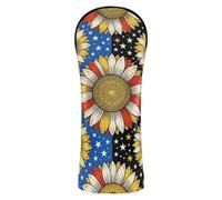 Golf Club Head Cover Set Premium Leather Headcovers with Interchangeable No. Tags for Woods and Driver Hybrid Sunflower Flag 4th July American Patriotic Flower