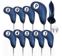 Golf Club Head Covers for Irons Magnetic Closure Long Cover Value 9pcs/Set, Number Printed both Sides Headcovers Deluxe Synthetic Leather Professional (Blue)