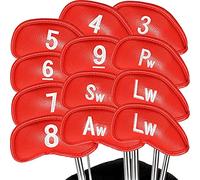 Golf Club Head Covers,Golf Head Covers 12Pcs PU Leather Golf Club Cover Set Waterproof Portable Iron Head Covers Black Red Blue Putter Accessories(Red)
