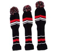 Golf Clubs Head Covers Knit Retro Old School Vintage Stripe Pom Pom Throwback Classic Hybrid Head Protector with Interchangeable Tags 3pcs (Red)