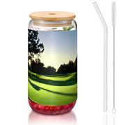 Golf Course 16oz Glass Cups Lids and Glass Straw,Wider Glass Cups for Smoothies, Tea, Cola,Soda