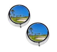 Golf Course by The Sea Print Pill Box 3 Compartment Medicine Pill Case,Portable for Pocket Or Purse Pill Organizer Decorative Metal Medicine Vitamin Organizer Unique Gift