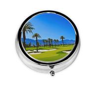 Golf Course by The Sea Print Pill Box, Round Pill Organizer, 3 Compartment Small Pill Case for Purse & Pocket, Portable Medicine Box, Travel Pill Case