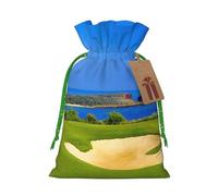 golf course by the sea Printed Christmas Drawstring Bags with Green Christmas Ribbon - Reusable Burlap Drawstring Gift Pouches, M