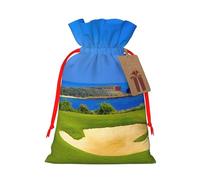 golf course by the sea Printed Christmas Drawstring Bags with Red Ribbon - Reusable Burlap Drawstring Gift Pouches, M