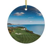 Golf Course Double-Sided Printed Christmas Ceramic Round Ornament With Gold Hanging Cord-Festive Holiday Decoration For Home,Store