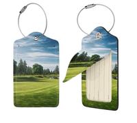 Golf Course Lawn Luggage Tags for Suitcases, 2 PCS PU Leather Travel Bag Label Suitcase Tag with Stainless Steel Loop Name ID Labels with Privacy Cover Baggage Tags for Women Men