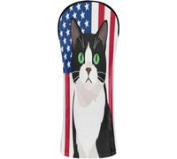Golf Cover Set Premium Leather Headcovers with Number Tag for Driver Hybrid and Fairway Woods Tuxedo Cat Patriotic Flag Art