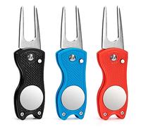 Golf Divot Repair Tool, 3pcs Foldable Golf Divot Switchblade Pitch Mark Repair Tool with Pop-up Button and Magnetic Ball Marker, Golf Pitch Fork Tine for Men Women Professional Golfer Training