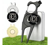 Golf Divot Repair Tool with 2 Personalized Letter Ball Marker& 2 Magnetic Hat Clip, 7-in-1: Club Holder/Brush/Groove Cleaner/Bottle Opener, Golf Accessories Gift for Men Women Golfer (Letter C Set)