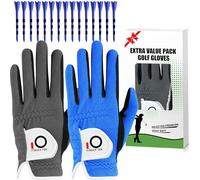 Golf Gloves Men Rain Grip Value 2 Pack with 15 Pcs Tees Left Hand for Right Handed Golfer, Premium Fit Mens Glove Hot Wet Weather No Sweat Black Grey Blue (Blue+Grey, XL)