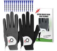 Golf Gloves Men Rain Grip Value 2 Pack with 15 Pcs Tees Left Hand for Right Handed Golfer, Premium Fit Mens Glove Hot Wet Weather No Sweat Black Grey Blue (Black+Grey, XL)