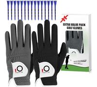 Golf Gloves Men Rain Grip Value 2 Pack with 15 Pcs Tees Left Hand for Right Handed Golfer, Premium Fit Mens Glove Hot Wet Weather No Sweat Black Grey Blue (Black+Grey, M)