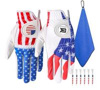 Golf Gloves Men Right Handed Golfer Left Hand Leather Value 2 Pack with 2 Ball Marker 1 Towel 6 USA Flag Golf Tees 3 1/4 Inch Mens Golf Glove (USA Flag, Large (Worn On Left Hand))