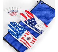 Golf Gloves Men Right Handed Golfer Left Hand Leather Value 2 Pack with 2 Ball Marker 1 Towel 6 USA Flag Golf Tees 3 1/4 Inch Mens Golf Glove (USA Flag, Small (Worn On Left Hand))