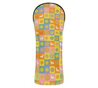 Golf Head Cover Set Premium Leather Headcovers with Interchangeable No. Tags for Driver Fairway Wood Hybrid Retro Dachshund and Flower Checkered