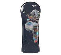 Golf Head Cover Set Waterproof Headcovers with Number Tags for Driver Hybrid and Fairway Woods Graffiti Style World Map Wallpaper with Tech Elements