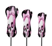 Golf Head Covers 3-Pack Skull Pink Waterproof PU Leather & Plush Velvet Lining Fits Driver Fairway Hybrid Clubs, Scratch Protection Durable Golf Gift for Men & Women