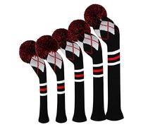 Golf Head Covers for Woods 5 PCS Knit Golf Club Cover Driver Cover*1 Fairway Wood*2 Hybrid (UT)*2 Stain Resistant&Washable, with Fluffy Pom Poms (Black White Red Argyle)