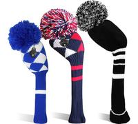 Golf Head Covers Woods Driver Fairway Hybrid 3 Pcs,Golf Headcover Pom Knitted Number 1 3 5 for Men Women Kids Anti-Wrinkle Washable Soft Portable Color Blue Red (Black&vermeil&Navy)