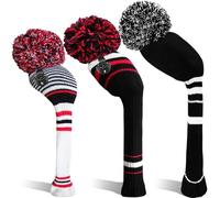 Golf Head Covers Woods Driver Fairway Hybrid 3 Pcs,Golf Headcover Pom Knitted Number 1 3 5 for Men Women Kids Anti-Wrinkle Washable Soft Portable Color Blue Red (Black&Red&White)