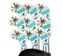 Golf Iron Head Covers - PU Leather Embroidery 9pc Set | Tropical Pattern Protective Case - Beach Tree Design | Scratch Protection For A 4-9 Irons For Course Practice