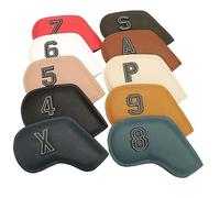 Golf Iron Headcover 9/10pcs A Set Solid Black Leather Embossing Number Paint Edge Golf Headcover Wedges4 5 6 7 8 9 P A S Club Head Iron Covers(Color 2)