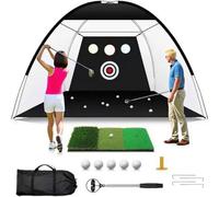 Golf Net, 10x7ft Heavy Duty Practice Net for Indoor/Outdoor Training,with Three Grass mats，Golf Ball Picker、5 Balls，Tee, Carry Bag，Perform Swing Training at Any time