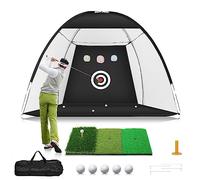 Golf Net 10x7ft With Tri-Turf Mat - All In One Home Hitting Aid For Backyard Driving Chipping Swing Training With Target Balls Tee Bag - Gift For Men And Golf Lovers