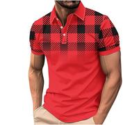 Golf Polos Shirts for Men Adult, Mens T Shirts Short Sleeve Gradient Plaid Printed Tops Slim Fit Running Sports Tee Top Summer Gym Workout T Shirt Casual Turn-Down Collar Buttons Tshirts Red