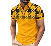 Golf Polos Shirts for Men Adult, Mens T Shirts Short Sleeve Gradient Plaid Printed Tops Slim Fit Running Sports Tee Top Summer Gym Workout T Shirt Casual Turn-Down Collar Buttons Tshirts Yellow