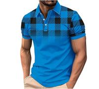Golf Polos Shirts for Men Adult, Mens T Shirts Short Sleeve Gradient Plaid Printed Tops Slim Fit Running Sports Tee Top Summer Gym Workout T Shirt Casual Turn-Down Collar Buttons Tshirts Blue