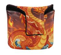 Golf Putter Covers Mallet with Magnetic Closure Golf Gifts for Mallets and Square PU Leather Waterproof Mythical Red Fire Chinese Dragon Ocean