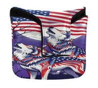 Golf Putter Mallet Head Cover Magnetic Snap Golf Putter Headcovers for Mallet Square PU Leather Wolf 4th of July USA Flag Howling Wolves Under Moon