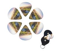 Golf Resort Park Guitar Picks 6 Pack, 0.96mm Thickness Celluloid Bass Pick with Leather Guitar Pick Holder Keychain Abstract Art Pics Plectrum for Acoustic Electric Guitar, Ukulele, Bass