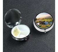 Golf Resort Park Pill Box with Mirror 3 Compartment Decorative Pill Case for Purse or Pocket Small Round Pill Organizer Weekly Metal Medicine Tablet Vitamin Holder Travel Gift