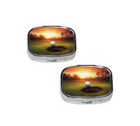 Golf Sport at Sunset Pill Box 2 Compartment Medicine Pill Case,Travel Pill Organizer, Small Metal Pill Case Portable Pill Box, Perfects Gift for Anyone in Need