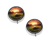 Golf Sport at Sunset -Print Portable Round Pill Box - Stylish Round Pill Organizer for Travel Compartments Gift for Medication Management
