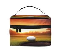 Golf Sport at Sunset -Print Waterproof Large Cosmetic Bag for Travel & Gym, Makeup Organizer with 4 Elastic Straps & Compartments,Premium Twill Fabric.