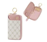 GOLF SUPAGS Women PVC Leather Car Key Chain Card Holder Wallet Pouch Card Slot 6 Hook 1 Fixed Key Ring 1 Detachable Key Ring (Pink×Ash Green, Large)