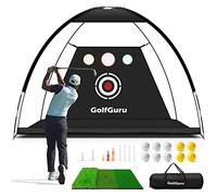 Golfguru All in 1 Golf Practice Net - 10x7ft Tri-Turf Mat, Impact Target, 10 Balls, 7 Tees, Carry Bag, Golf Net for Backyard Driving Chipping Indoor